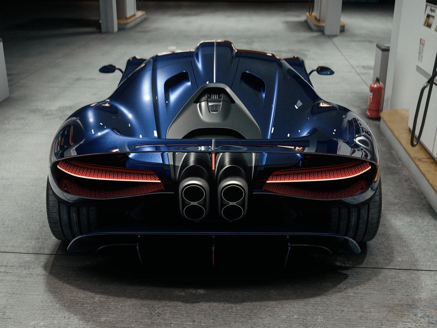 Bugatti Destrier arkadan, garaj içinde