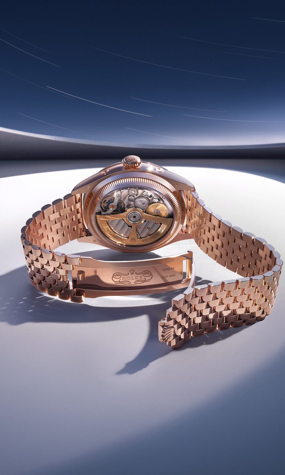 Calibre 7190 mekanizması, safir kapak ve Rolex Jubilee bilezik